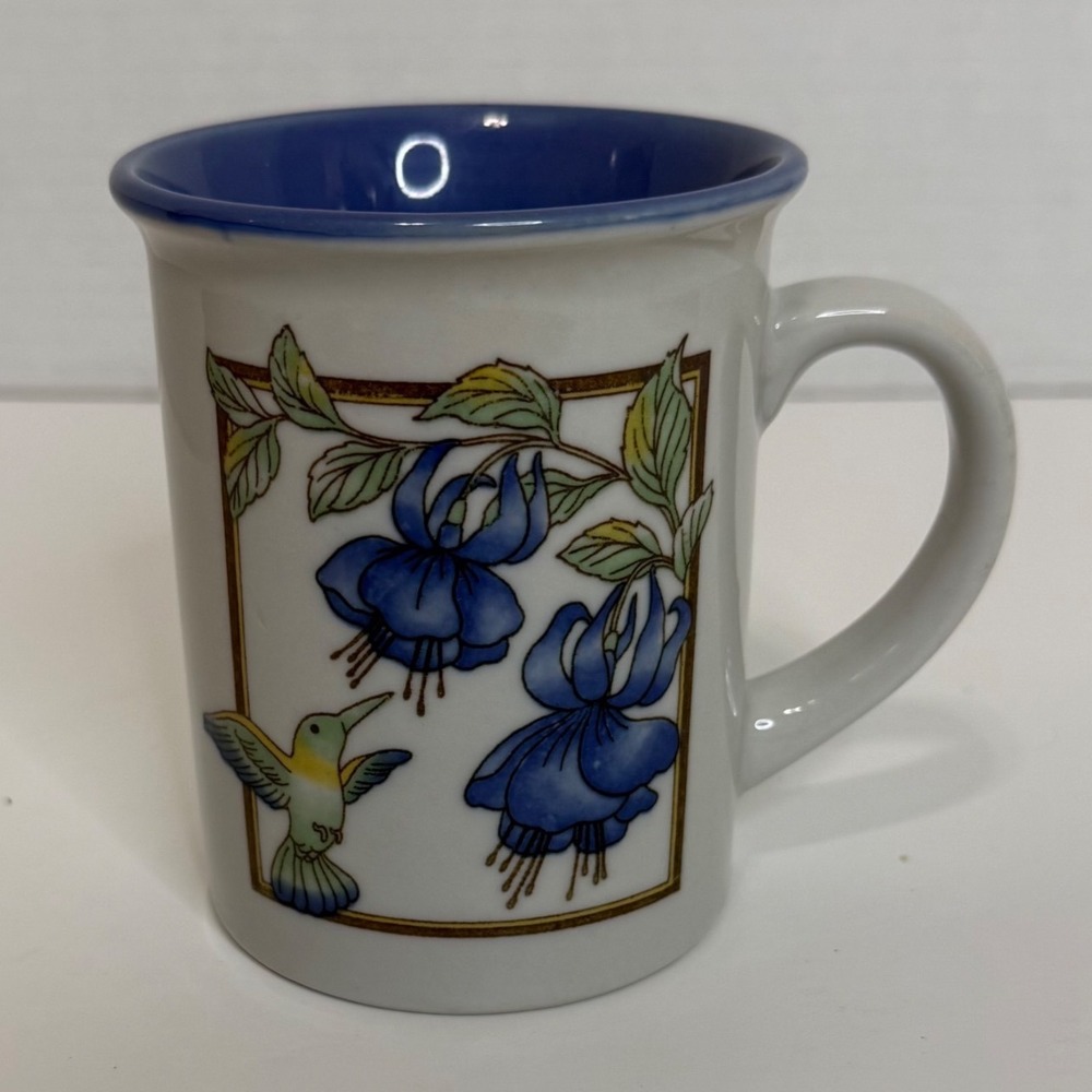 Hummingbird and Blue Fuchsia Ceramic Coffee Mug White with Cobalt Blue Interiorโ